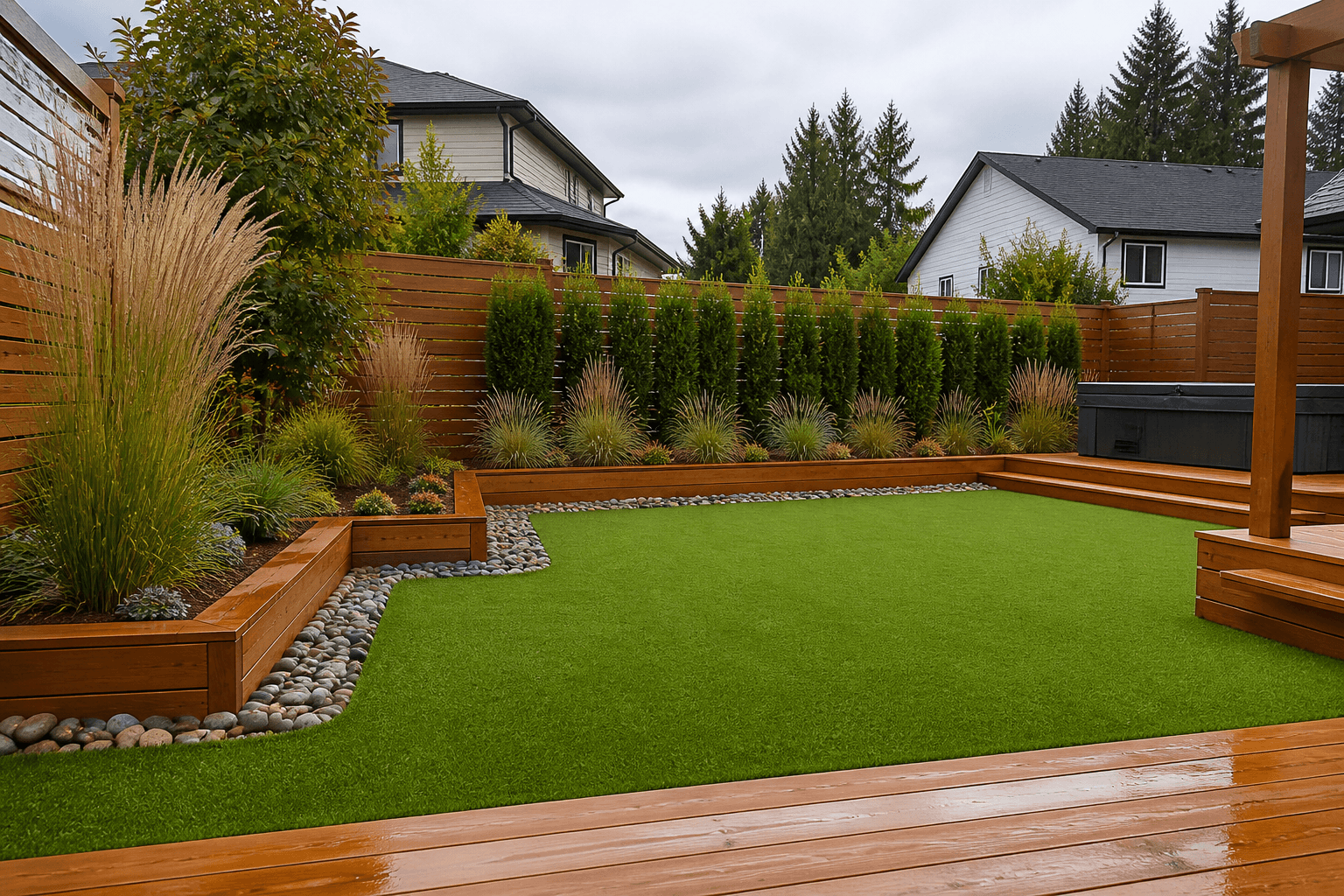 Surrey backyard artificial turf with cedar raised garden beds, river rock borders and cedar deck