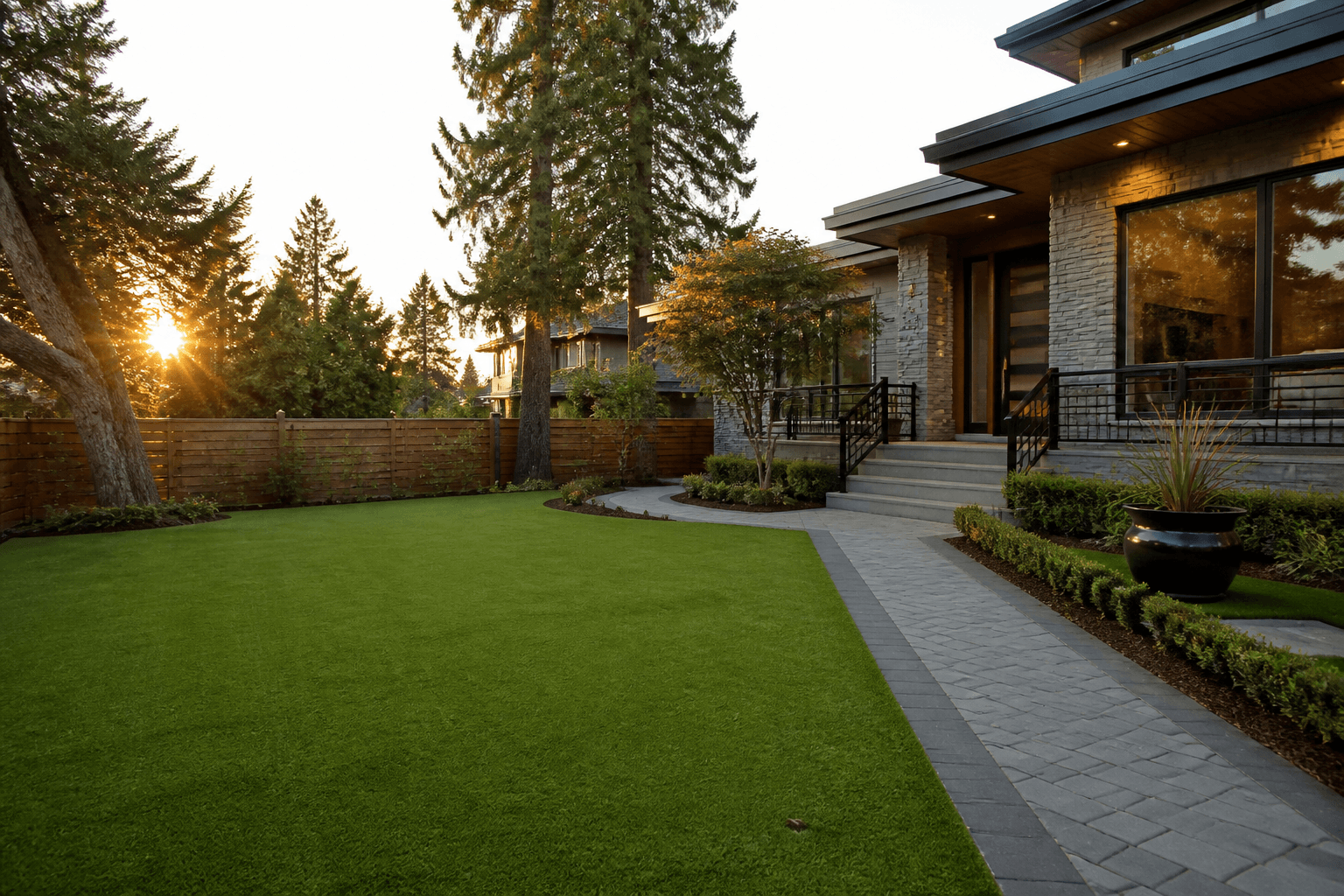 Modern West Coast home with lush artificial grass front yard and paver walkway in Surrey BC