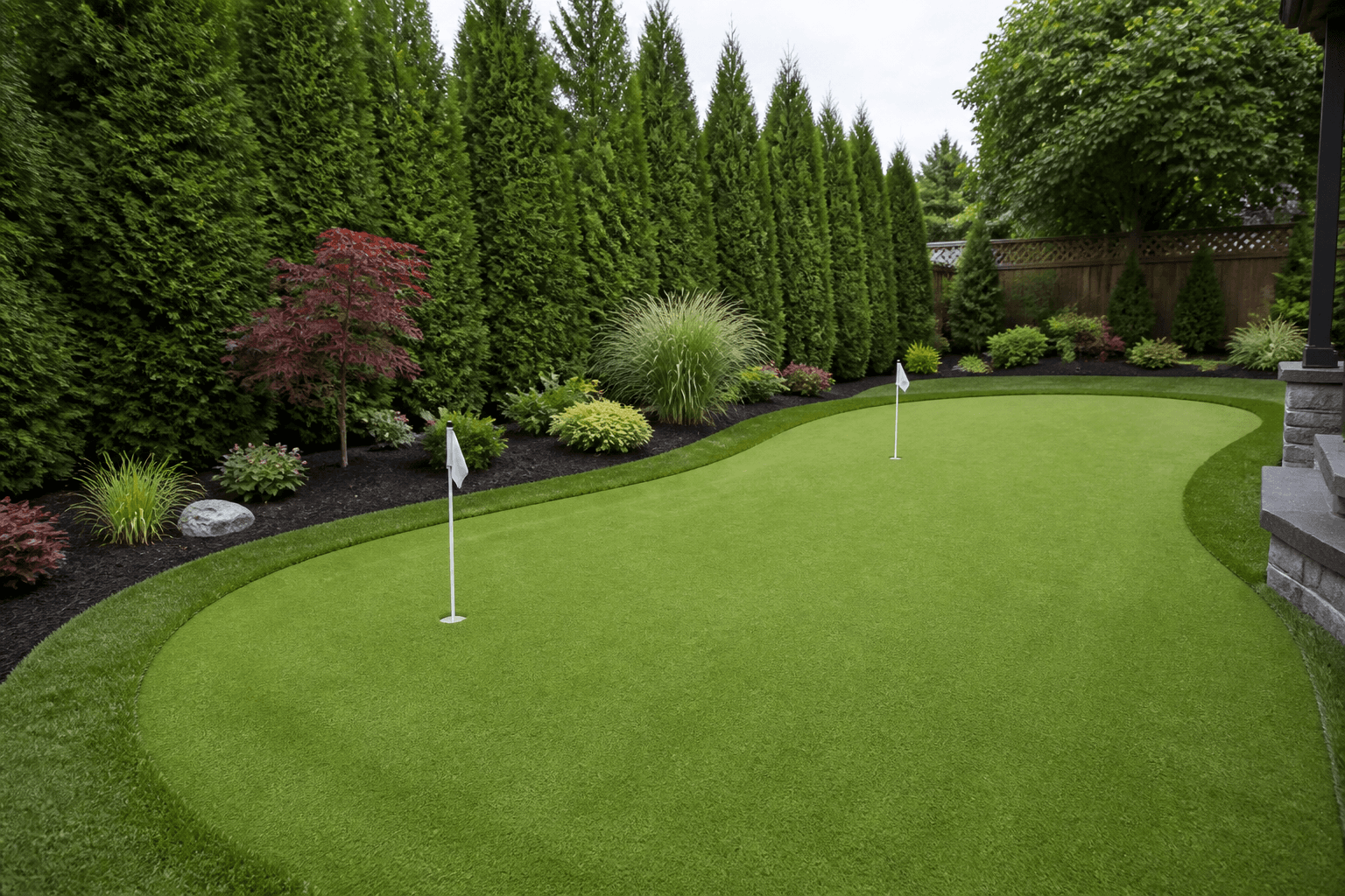 Backyard artificial putting green with two flags surrounded by arborvitae and garden beds in Surrey BC