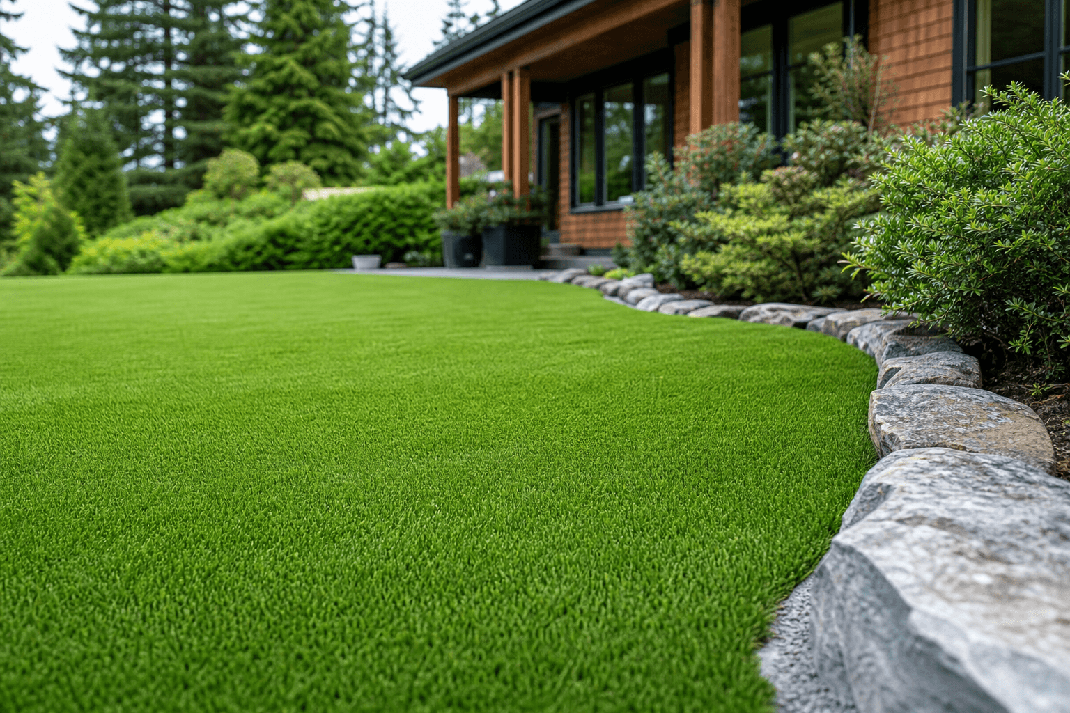 Close-up of freshly installed synthetic turf with a clean stone-bordered edge