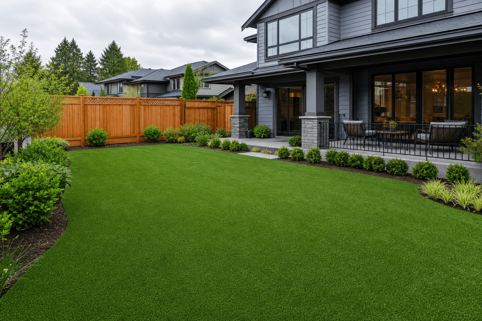Artificial grass backyard lawn with garden beds and a cedar fence in Surrey, BC