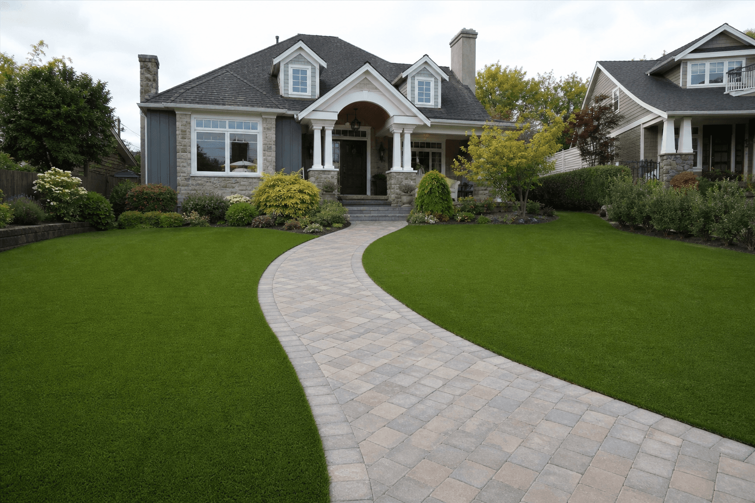 Front yard synthetic grass lawn with a paver walkway at a West Coast home near White Rock, BC