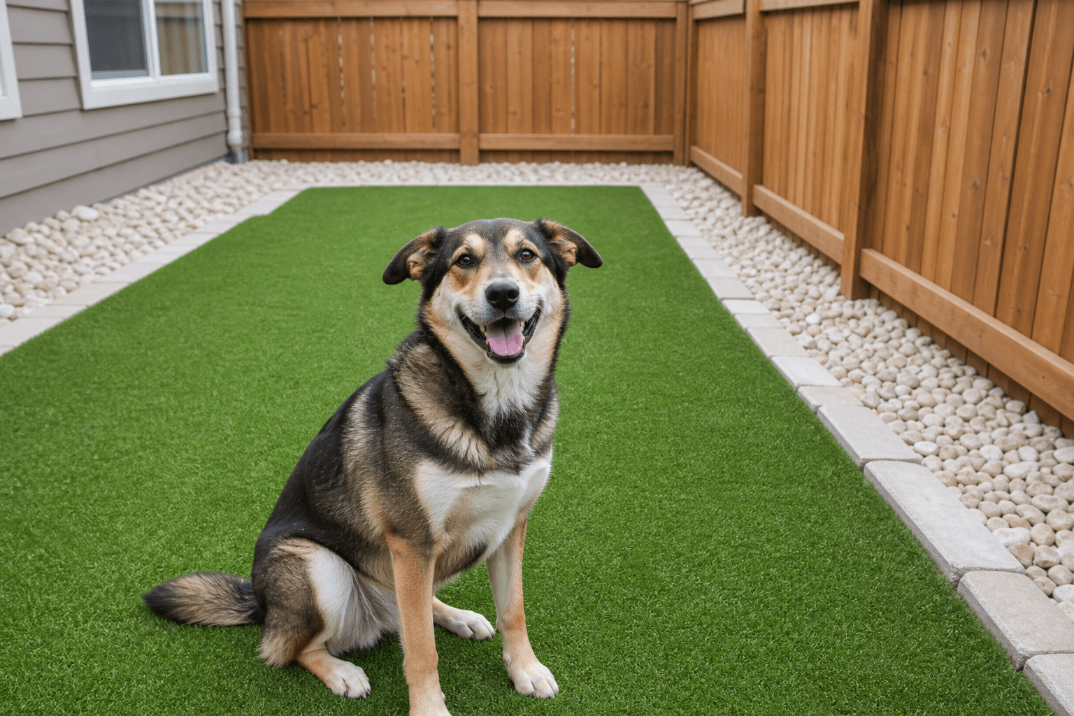 Dog sitting on a clean synthetic pet turf dog run with a stone border in a Surrey backyard
